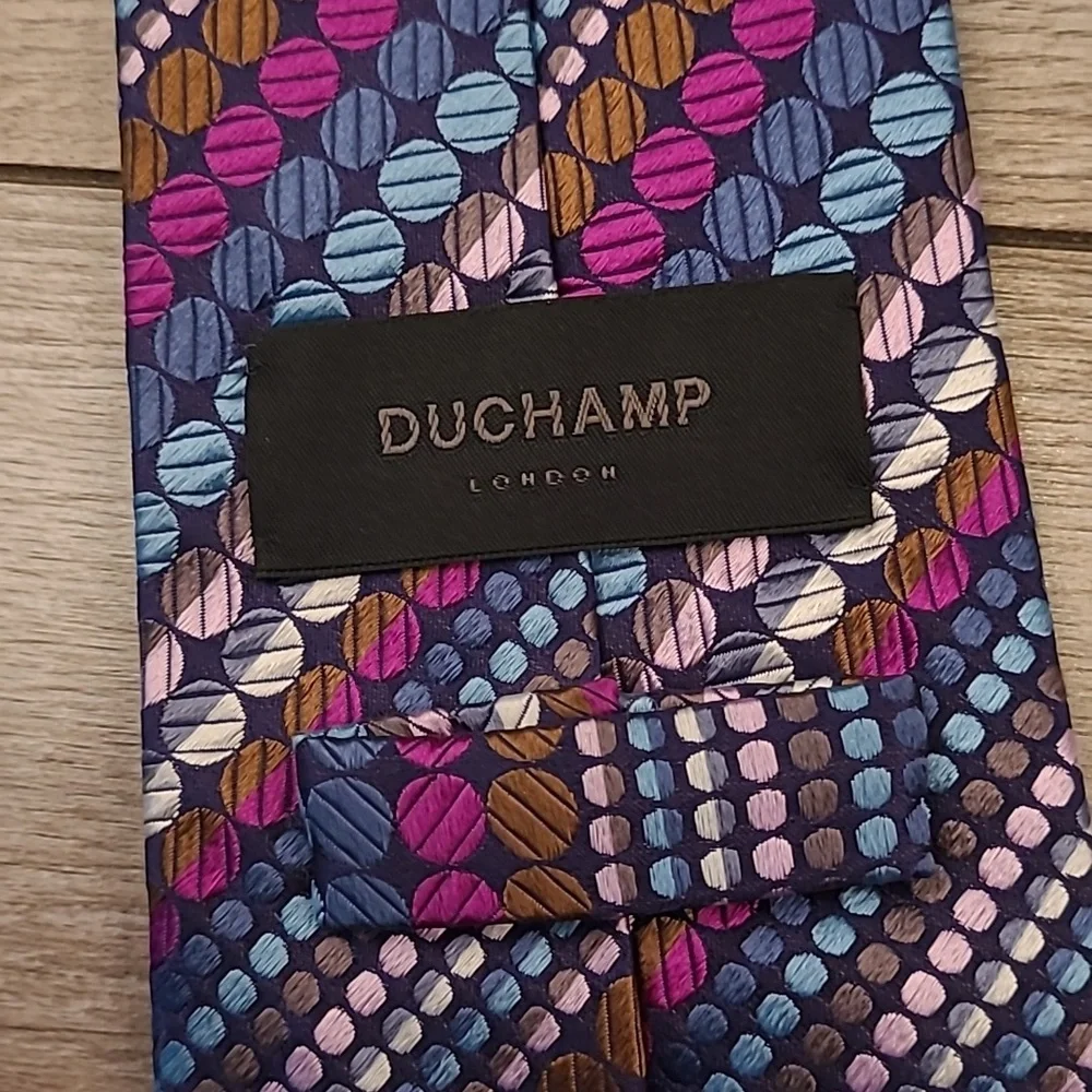 DUCHAMP‎ London Metallic Multicolor Dots Circles Striped Pattern Silk Tie RARE